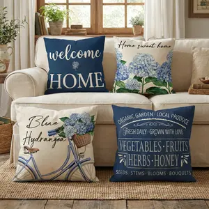 Navy Blue Hydrangea Welcome Home Decorative Throw Pillow Covers Set of 4, Flower Botanical Porch Outdoor Pillowcase, Family is Everything Sofa Couch Cushion Case Home Decor 0201YS