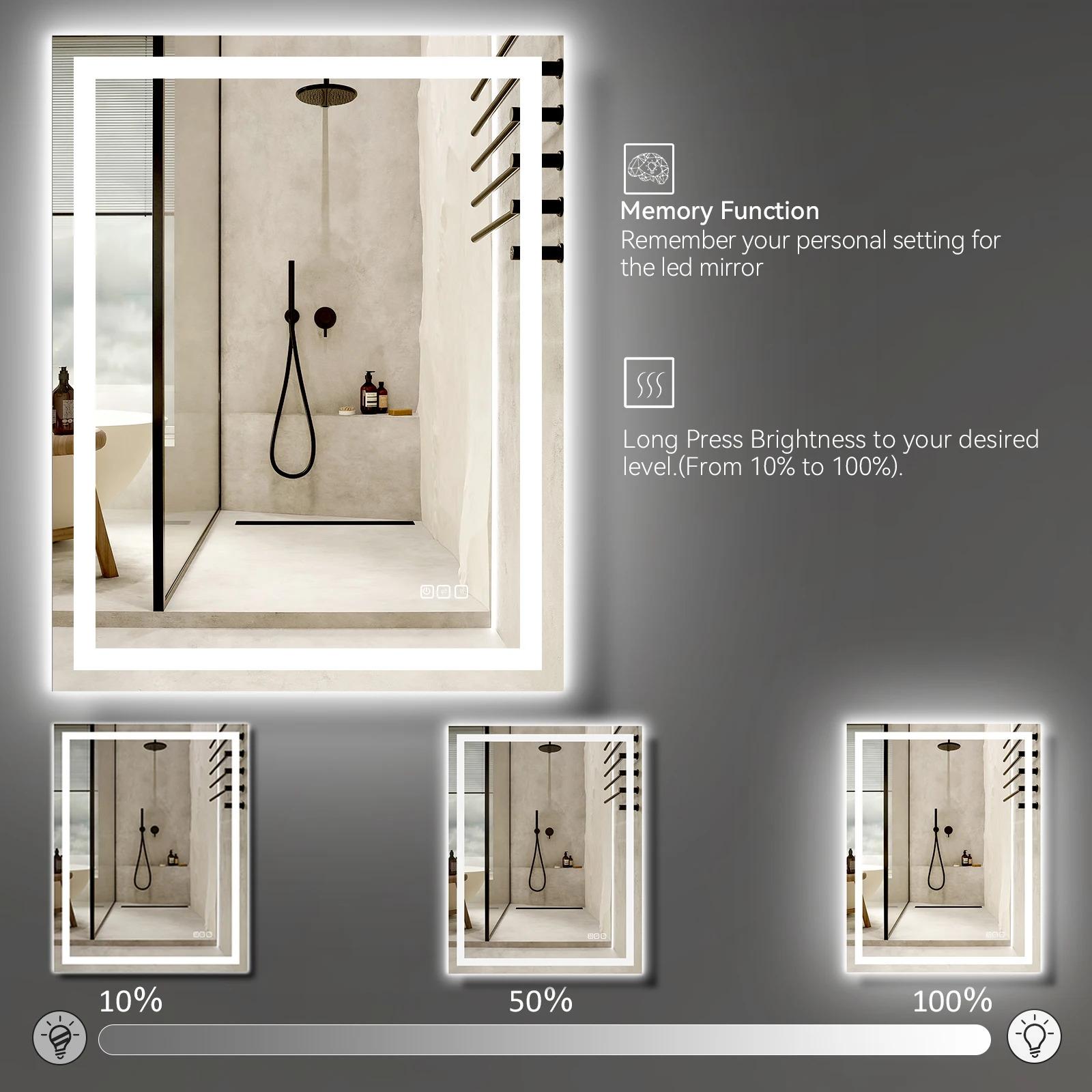 US Local Stock 28W 36H Inch Tempered Frameless Touch Adjustable Anti Fog Led Light Smart Bathroom Mirror With Led Light