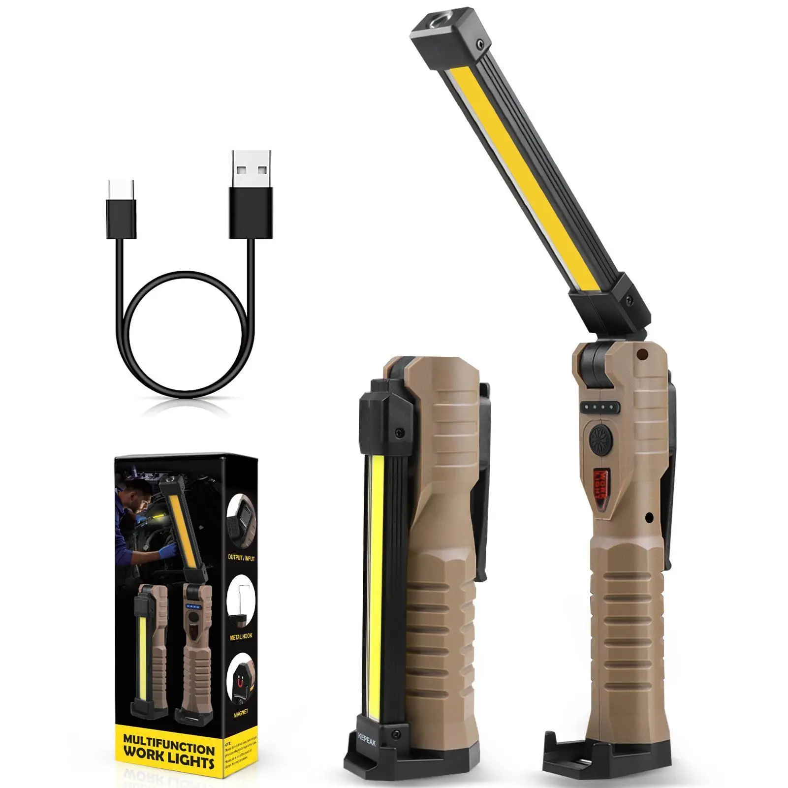 【SUMMER SALE】Rechargeable LED Work Light – 5 Modes Flashlight with Magnetic Base, Hanging Hook, 180° Rotating, Portable for Car Repair, Garage, Camping
