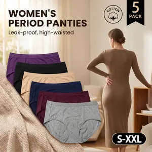 Women's 5-Pack High-Waist Period Panties - Ladies Underwear, Leak-Proof Side Panels, Soft 95% Cotton-Spandex Minimalist Fabrics, Breathable Stretch Waist, 6 Colors, S-XXL Reusable Protective Briefs  period underwear