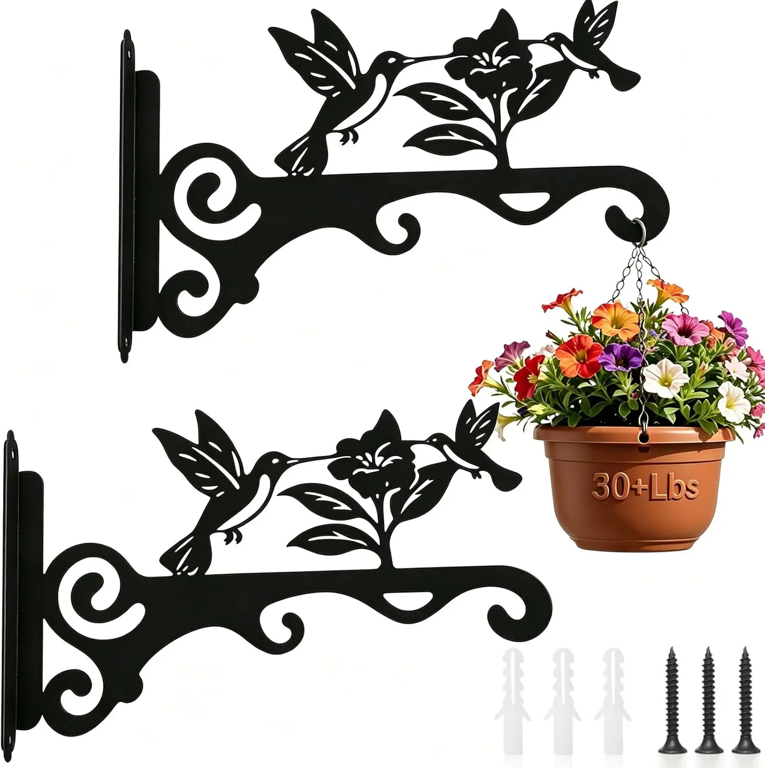 2-Pack Elegant Bird Pattern Wall Hooks - 10/12/14in Metal Hanging Brackets with Metal Construction, Rust-Resistant for Plants, Feeders, Chimes (Black, 10in, 2 Hooks)