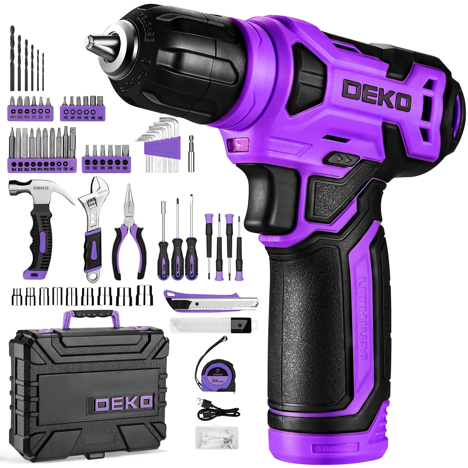 DEKO 8V Rechargeable Lithium Drill Set with 126-Piece Home Tool Kit (Including Drill Bits) and Storage Box, Unisex DIY Power Tool for Fence Installation, Furniture Assembly fathersdaygift