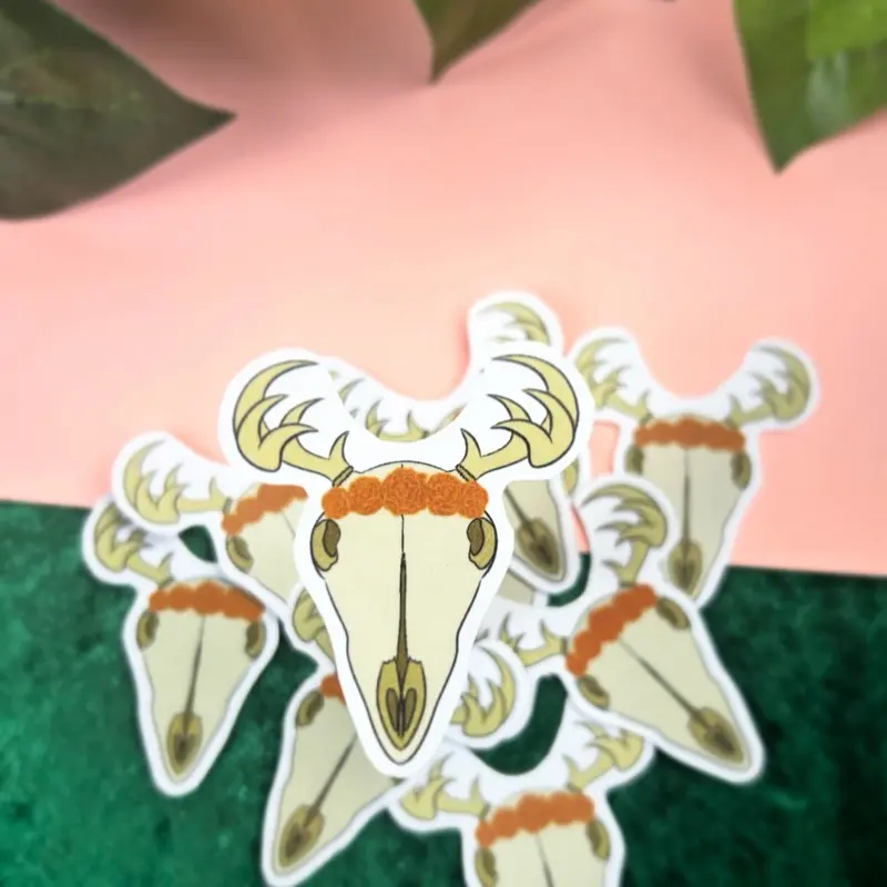 Witchy Deer Skull Spooky Stickers for Your Collection - Unique Design with Antlers and Orange Flowers