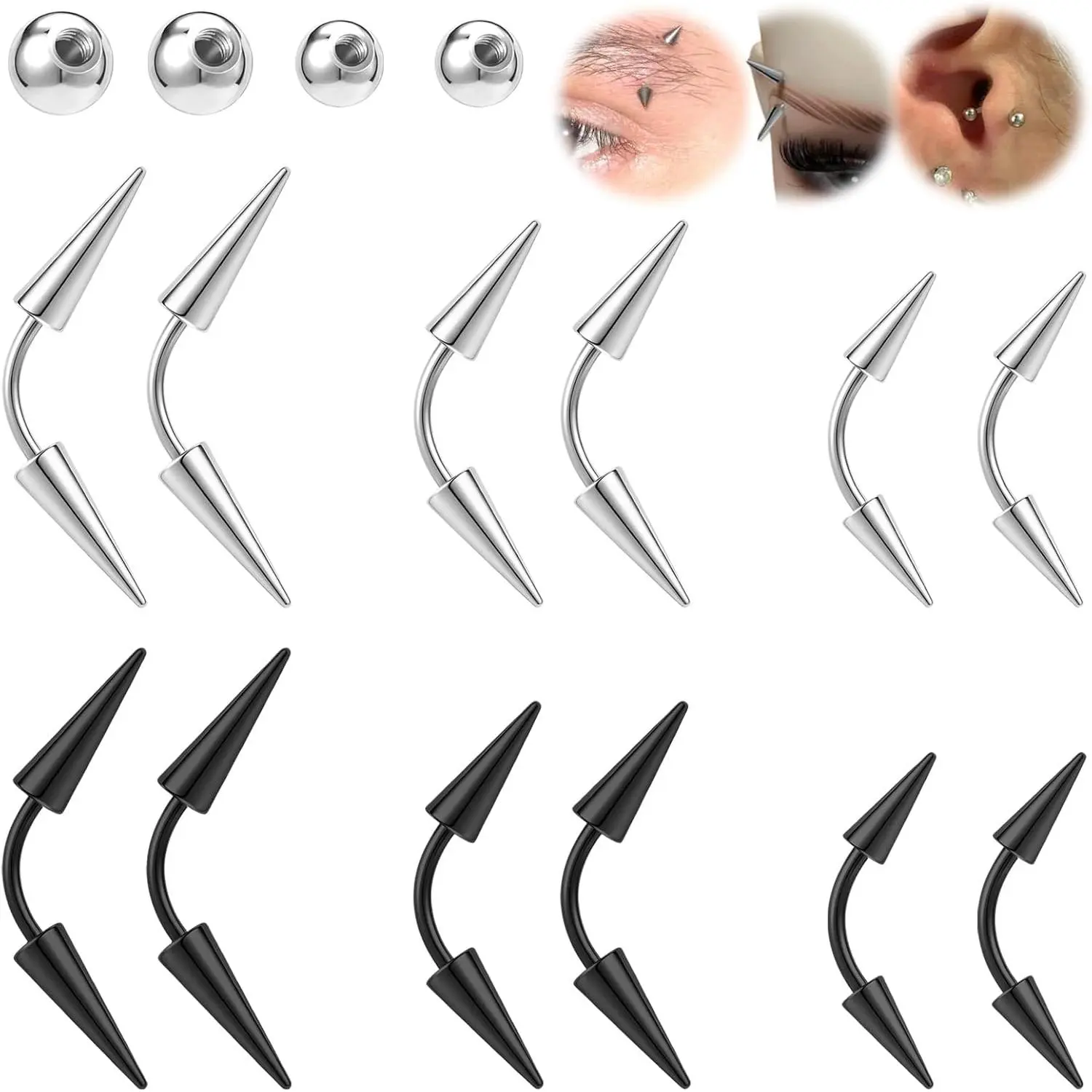 16G Spiked Piercing Jewelry Set, 12-Piece 316L Stainless Steel Curved Barbells for Women Men, Unisex Black & Silver Rings for Eyebrow, Lip, Tragus, Rook, Multiple Piercing Jewelry, Smooth Edges, Spiked Look, Unisex Fit, Lip Piercings, Eyebrowpiercer, Chri