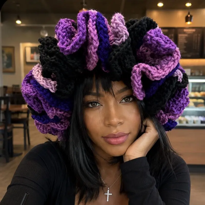 Crochet Ruffled Fitted Acrylic Beanie, Casual Everyday Fashion Accessory Hat