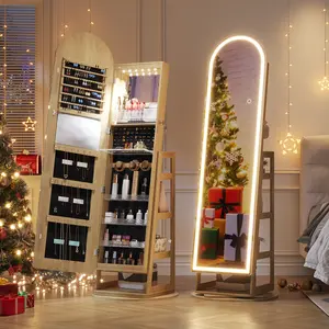【Mother's Day Gift】Dystler LED Mirror Jewelry Cabinet Standing, Lockable Jewelry Armoire with Arched Full-Length Mirror and Adjustable LED Lights