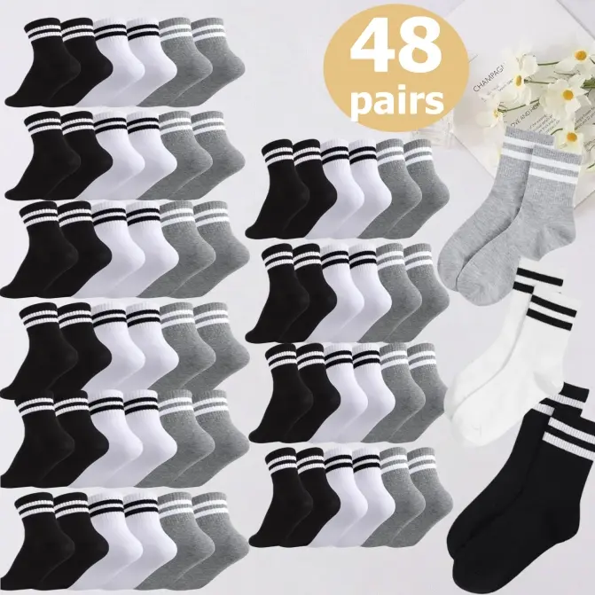 QQ 48-30-18-6 Double-pack Knee-high Socks, Large Package, Unisex, Lightweight Casual Sports and Fitness Socks, Solid Color, Suitable for Casual Shoes and Sports Shoes, Durable, Moisture-wicking, Breathable