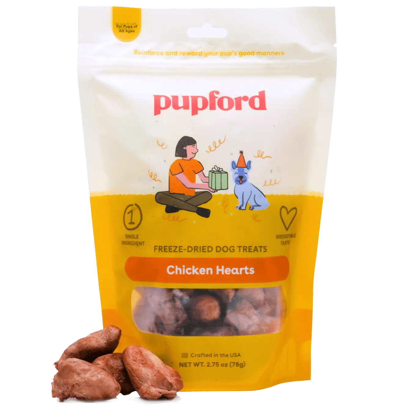 Pupford Freeze-Dried Chicken Hearts - Single Unit, 2.75 oz, USA-Made, Nutrient-Rich Treats for Dogs, High Protein
