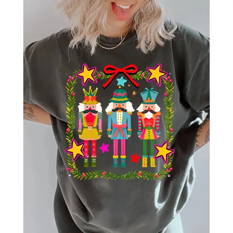 Women's Casual Style Neon Nutcracker Christmas Graphic Top - T-Shirt for Casual Bottom Pairing