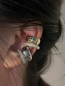 Fashion Pain-Free Micro-Pave Ear Clips, & Silver Color Bone Earrings, Unique Simple High-End Women's Jewelry Gift