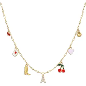 Initial Cowgirl Charm Necklaces for Women, 14K Gold Plated Dainty Western Cowgirl Cherry Heart Necklace Summer Beach Letter A-Z Choker Necklace Personalized Monogram Name Necklace for Her