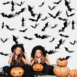 Bats Wall Decor 120PCS Halloween Decoration Bats Realistic PVC 3D Black Scary Bat Wall Stickers for Creepy Home Decor Halloween Party Decorations DIY Wall Decal Bathroom Indoor Halloween Decor