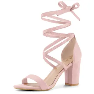 BLISSFUL STEP Women's Open Toe Lace Up Chunky High Heel One Strap Light Pink Sandals