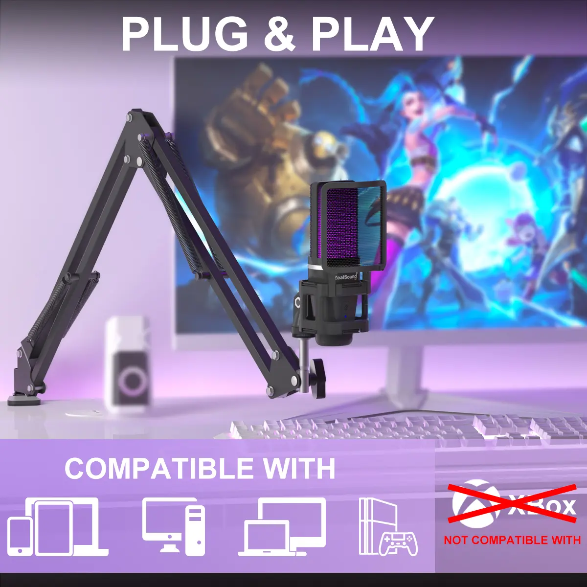 ZealSound A68S Wired USB Metal Gaming Microphone - Adjustable, RGB Lighting, Shock Mount, Volume Control, Plug-and-Play, Game Auxiliary for PC, Laptop, Mobile Audio Recording (Auspicious Design), Content Creators, Soft Light Guide