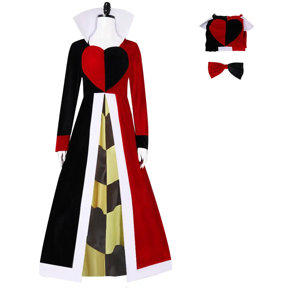 Red Queen Black Red Heart Gown Cosplay Costume Set with Bow for Comic Con Convention