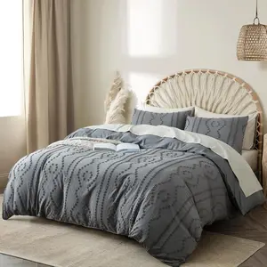 Duvet Cover , 3 count Boho Duvet Cover Set, Geometric  Tufted Bohemian Comforter Cover Jacquard Knit Textured Bedding Set with Zipper Closure (Dark Grey)