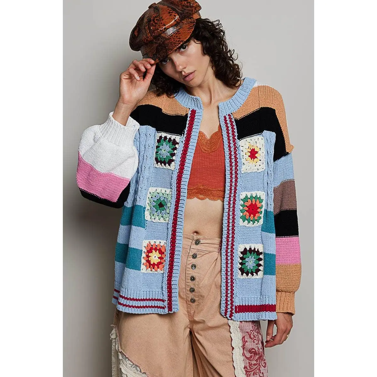 Handmade Patchwork Striped Chenille Sweater Open Cardigan