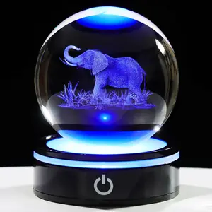 3D Elephant Figurine Crystal Ball with Colorful Light Base, Elephant Gift for Women and Men on Christmas or Birthday, 3D Laser Engraved Full Sphere Glass Decorative Ball for Home or Office (80mm) decoration
