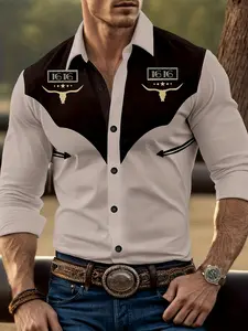 Autumn Men's Western Denim Long Sleeve Shirt | Ox Head Printing and Digital Decoration, Anti-Wrinkle Rigid Polyester Fiber Men's Clothing, Daily Going Out Casual Party Versatile Trend Top, Casual Stylish Menswear
