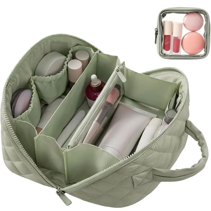 Women’s Puffy Travel Makeup Organizer – 180 °   Lay-Flat Design with 5 Compartments, Machine Washable