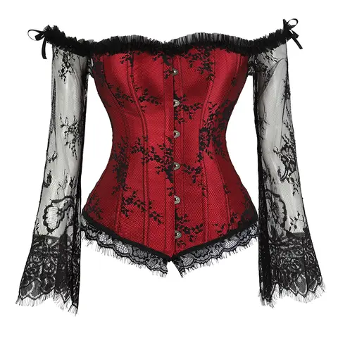 Women's Overbust Lacy Sleeve Off-Shoulder Renaissance Corset Top - Lace-Up Bodice, Tummy Control, Gothic Burlesque Corset Garment, Alt Clothes, Basic Minimalist Women's Halloween Clothes, Style Accessories 8125 D1 (Weddings, Halloween)