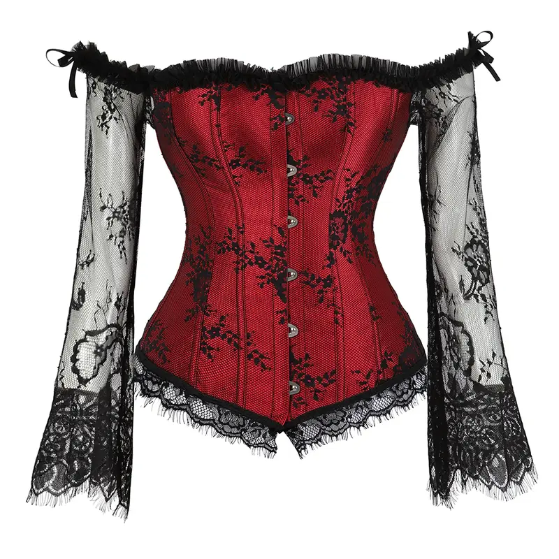 Women's Overbust Lacy Sleeve Off-Shoulder Renaissance Corset Top - Lace-Up Bodice, Tummy Control, Gothic Burlesque Corset Garment, Alt Clothes, Basic Minimalist Women's Halloween Clothes, Style Accessories 8125 D1 (Weddings, Halloween)