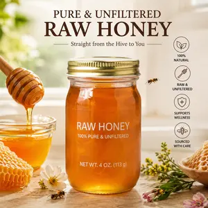 Mini Raw Unfiltered Honey with Honeycomb, 4 oz Pure Natural Honey, Unheated Non-GMO Sweetener, No Additives, All Natural Honey in Glass Jar for Tea, Toast & Healthy Snacks