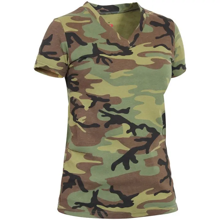 Lady's Casual Comfortable Fit Woodland Camouflage Long-Length V-Neck T-Shirt - Women's Poly-Cotton Style Top