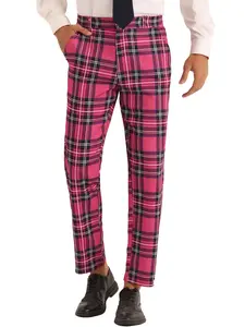 INSPIRE CHIC Plaid Dress Pants Slim Fit Straight Leg Formal Tartan Pattern Pants