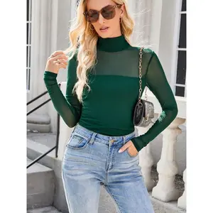 (New)New Solid Color Round Neck Mesh Patchwork Transparent Long Sleeve Half High Neck Sexy T-Shirt, Stylish Women's Top for Casual Wear(Gift)11