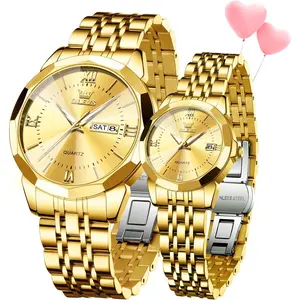 OLEVS Watches for Couple Luxury Fashion His and Hers Stainless Steel Calendar Date 3ATM Waterproof Luminous Wrist Watch for Men Women Lovers Wedding Dating Romantic Gift Set of 2