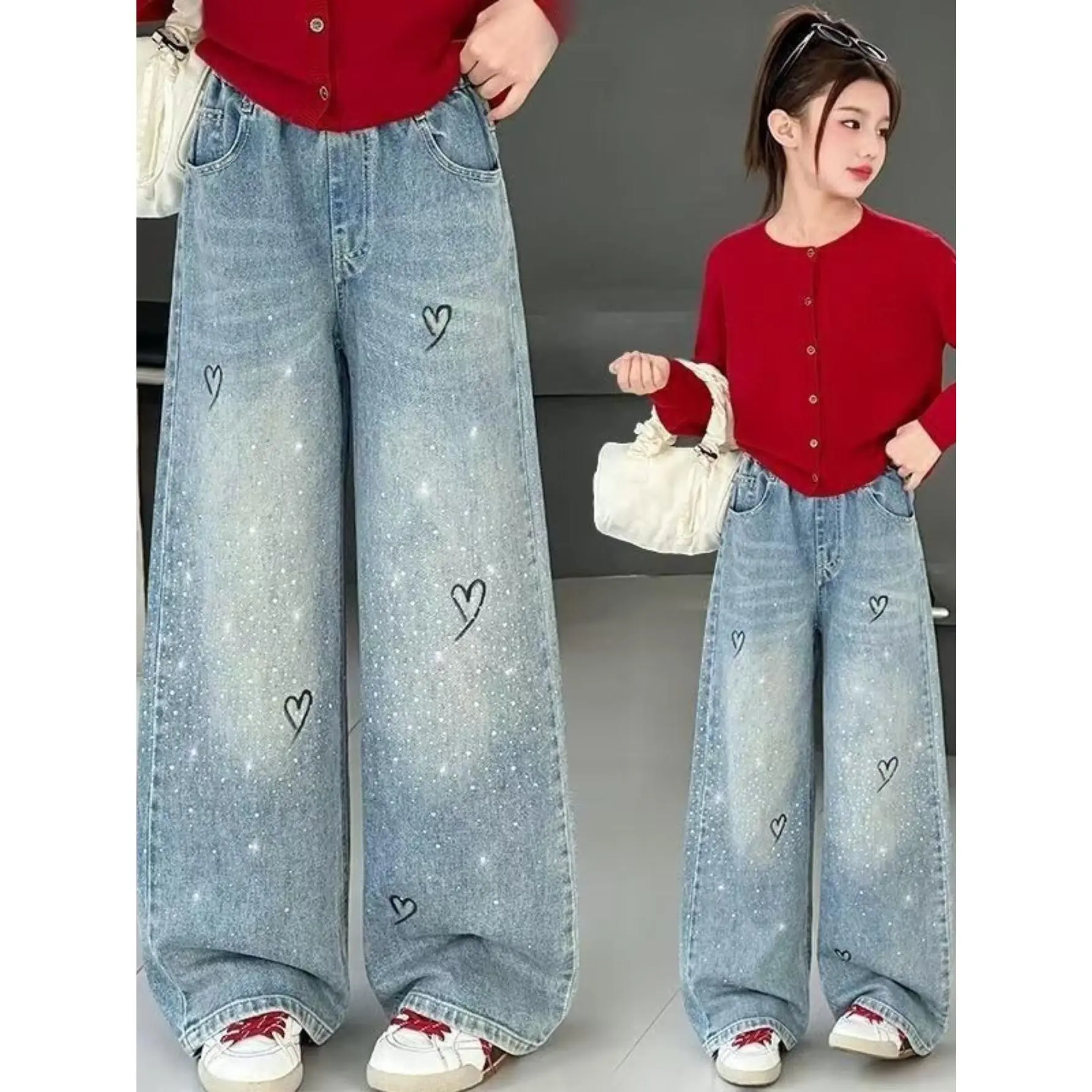 Girls' Polyester Jeans - Plain, Loose-fitting, Wide-Leg Style with Diamond Embellishments for Spring, Sizes 11-12Y, 13-14Y, 15-16Y, Wide-Leg Pants, Boyfriend Fit, Denim, Diamond-Embellished