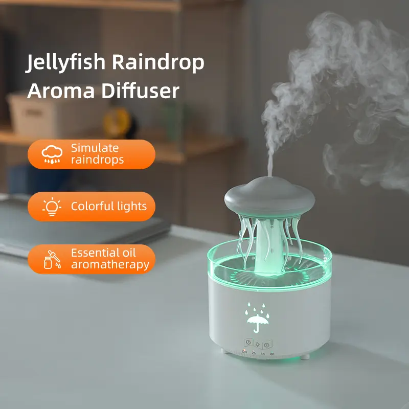 Jellyfish Raindrop Decorative Cool Mist Humidifier - USB Powered, Remote Control, Rotating Tentacles, RGB Mist + Light, Colorful Gradient Ambient Light, 2/4/8H Timer, Quiet, Transparent, for Bedroom Home Decor, Rgb Lights, Easy To Use Humidifier