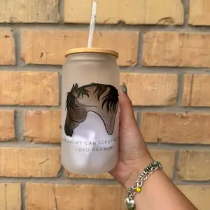The Lord Has Won Horse 16oz Cup with Bamboo Lid and Straw "The Enemy Can Scrap My Lord Has Won" Design