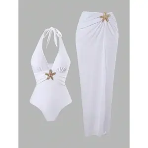 2pcs/Set Women Solid Color Halter Monokini