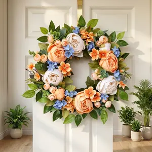 Peach Blue Hydrangea Peony Wreath for Front Door Artificial Floral Wreath Farmhouse Cottagecore Spring Summer Decor Wall Window Porch Home Decoration Year Round