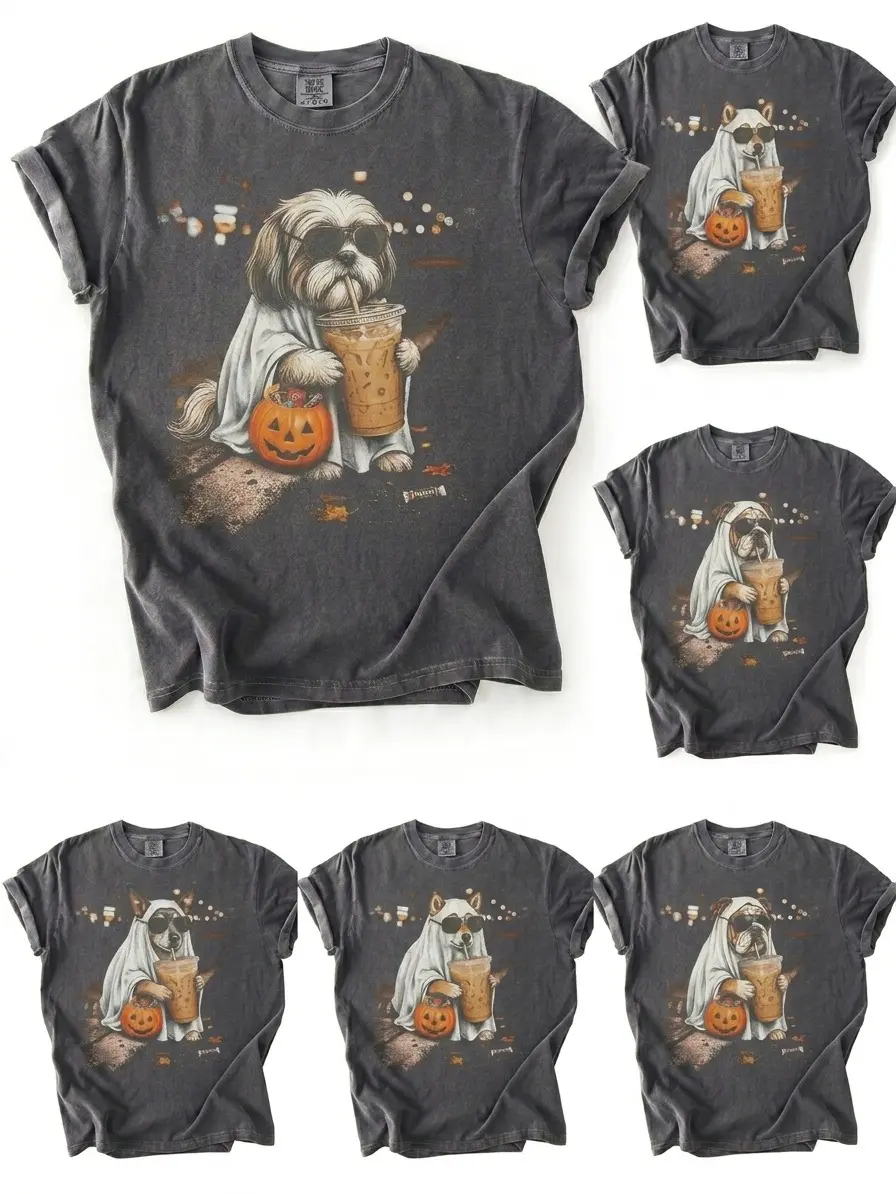 Comfort Colors 30+ Dog Breeds  Ghost Dog Coffee Graphic Shirt | Cute Autumn Puppy Tee | Vintage Halloween Pet Lover Gift