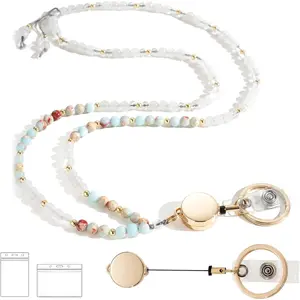 Lanyards for ID Badges and , Retractable Beaded Lanyards for Women  Stone, Cute Teacher Lanyard with ID Holder Light Cyan
