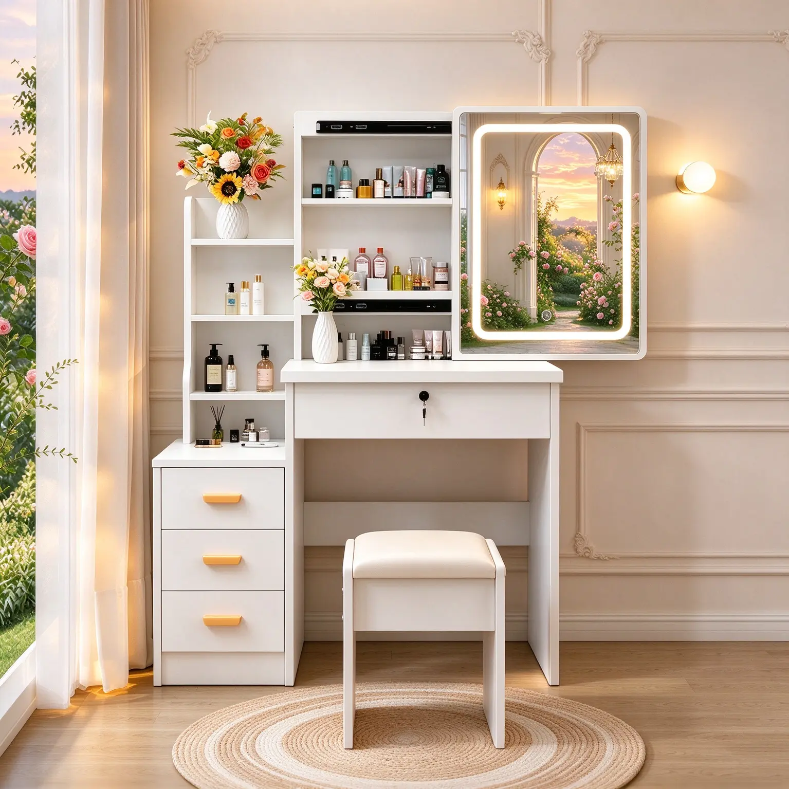 Elegant vanity set includes lighted mirror; white makeup table with cushioned stool and storage design; popular choice for girls; suitable for bedrooms, living rooms, and dorms. indoor furniture sturdy small drawer narrow space shelf side multi-storage