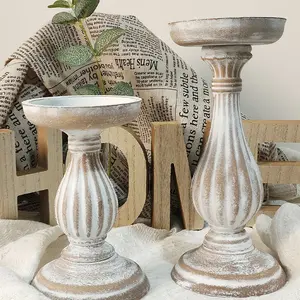 1pc, Rustic Farmhouse Pillar Candle Holders - Distressed White Wash Wooden Candleholders for Mantle Decor and Living Room Centerpieces, Lantern Candle Holder, Candle Stand