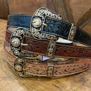 Western Belt Leather - Decorative Buckle, Adjustable Strap, Available in Multiple Colors
