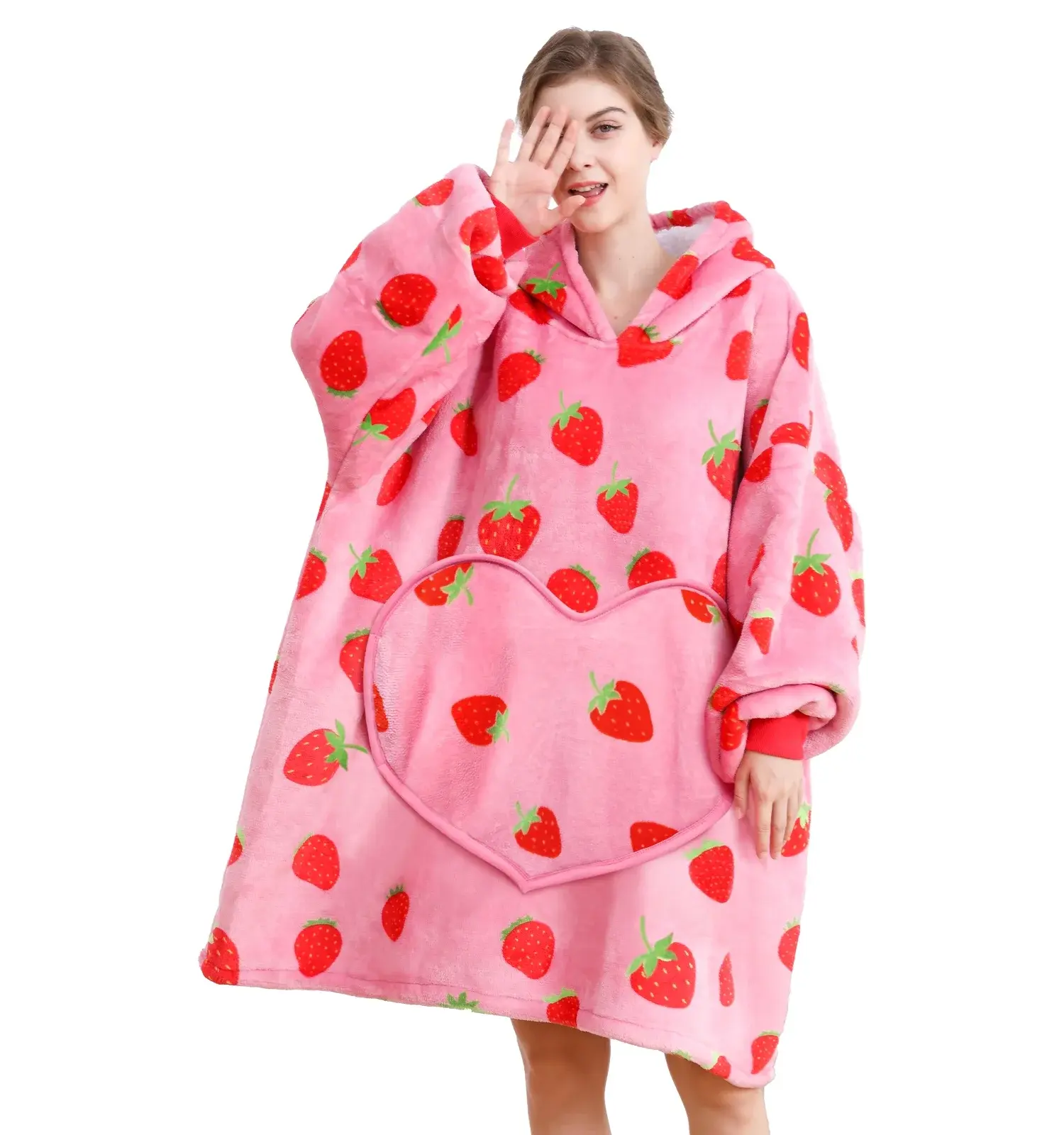 Oversized Wearable strawberry Blanket - Fluffy, Comfortable Plush Sweatshirt Blanket, 1-Size Fit for All Users