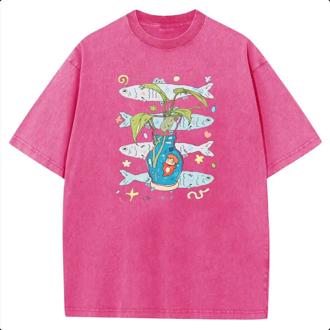 Holafish Ponyo Vase Fish Motif Acid-Washed Retro Tee, Heavy Cotton Casual Streetwear Graphic Shirt, Unisex Crew Neck Top for Men & Women