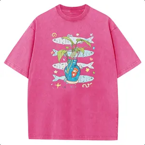 Holafish Ponyo Vase Fish Motif Acid-Washed Retro Tee, Heavy Cotton Casual Streetwear Graphic Shirt, Unisex Crew Neck Top for Men & Women summervibes