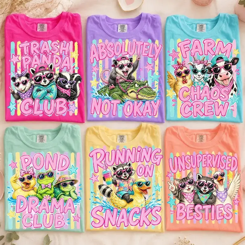 Comfort Colors Funny Animal Besties T-Shirt, Trash Meme Graphic Tee, Cute Chaotic Friendship Shirt, Retro Animal Friend Group Gift for Her