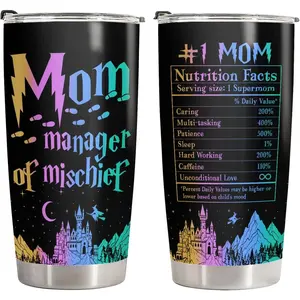 Funny Mom Mischief Tumbler 20oz with Lid, Manager Mommy Vacuum Insulated Travel Coffee Cup, Magical Wizard Design Cup for Mother's Day - Birthday Present to Mama & Book Lovers