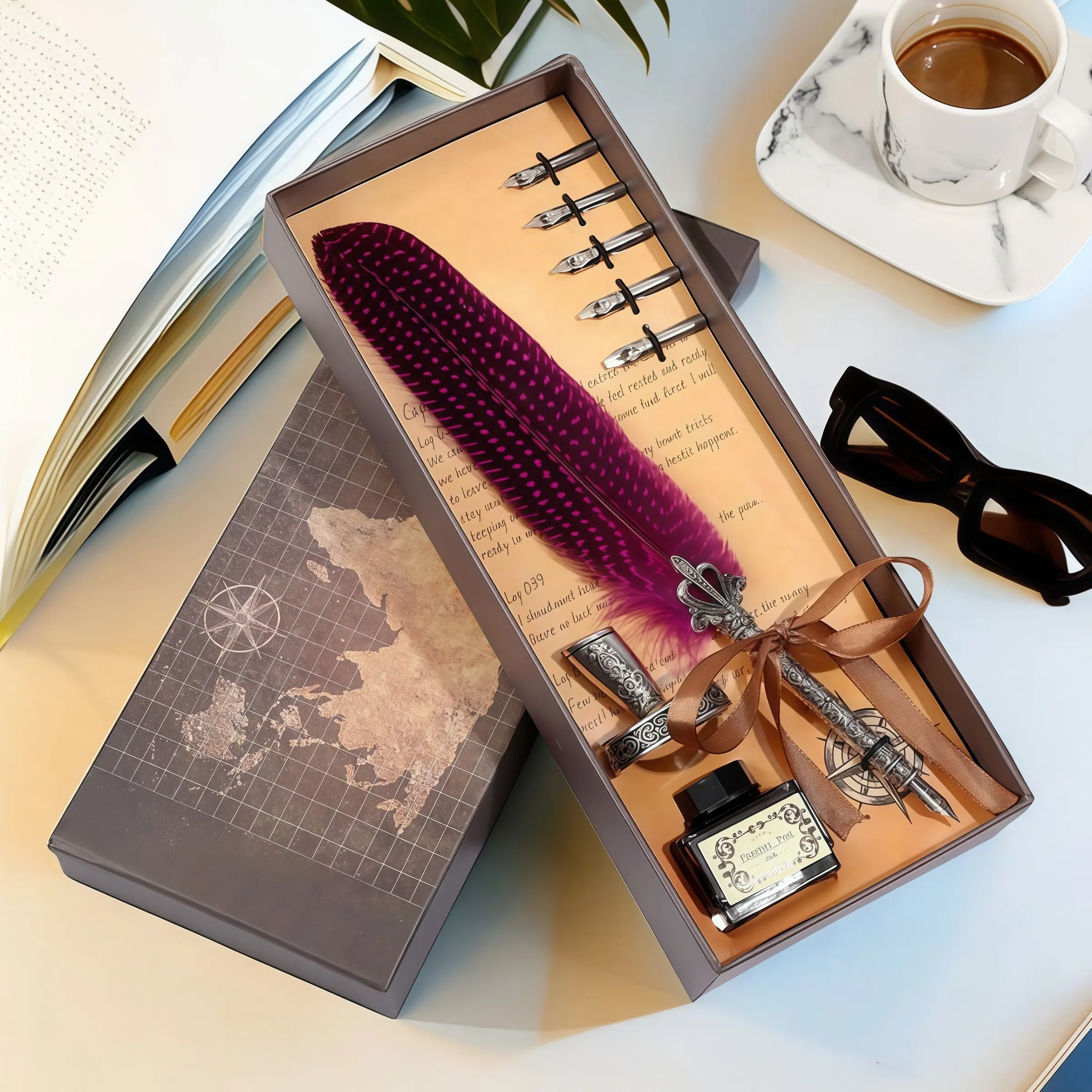 Vintage Style Feather Quill Pen & Ink Set, Gift Box, Steampunk Mechanical Gear Fountain Pen with Steampunk Design and 5 Refill Nibs, Luxurious Retro Signature Pen for Art, Writing & Decoration