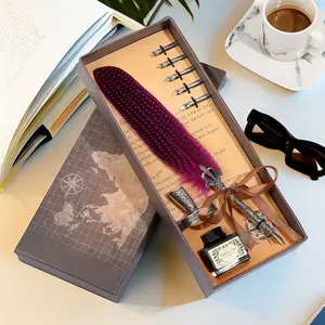 Vintage Style Feather Quill Pen & Ink Set, Steampunk Mechanical Gear Fountain Pen with 5 Refill Nibs, Luxurious Retro Signature Pen for Art, Writing & Decoration