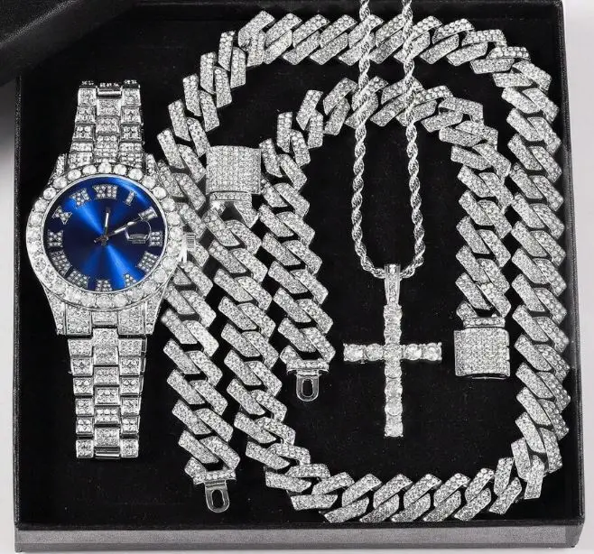MaxBling81 Men's Hip Hop Jewelry Stack Gift Set with Jewelry Box - Silver-Toned Quartz Watch with CZ Blue Face, Iced Cuban Link Chain, Bracelet, Cross Necklace, Men's Jewelry