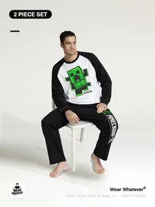 Minecraft Kawaii Mc Graphic Print Set, 「2-Piece Set」Comfortable Breathable Long Sleeve & Pants, Casual Home Wear for Daily Use